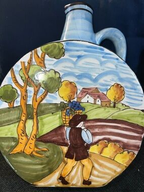Hand-Painted Ceramic Wall Jug - Pastel Blue Countryside Scene GUC made in Italy